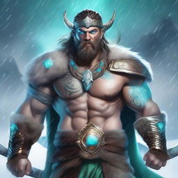 A male barbarian with white skin and faded grey Nordic tattoos