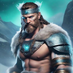 A male barbarian with white skin and faded grey Nordic tattoos