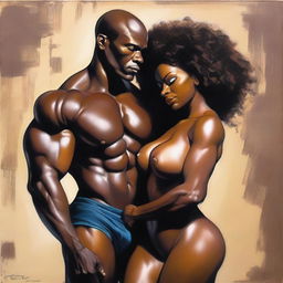 A polished, full-body oil-based painting featuring a sexy, bald-headed, muscular Black man holding a beautiful Black woman with an afro and stunning breasts