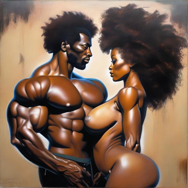 A polished, full-body oil-based painting featuring a sexy, bald-headed, muscular Black man holding a beautiful Black woman with an afro and stunning breasts