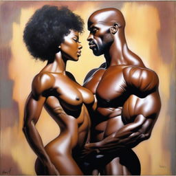 A polished, full-body oil-based painting featuring a sexy, bald-headed, muscular Black man holding a beautiful Black woman with an afro and stunning breasts