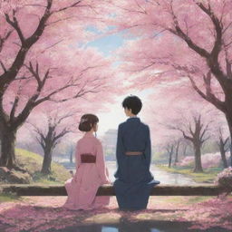 An anime girl and boy in a serene setting, surrounded by cherry blossom trees.