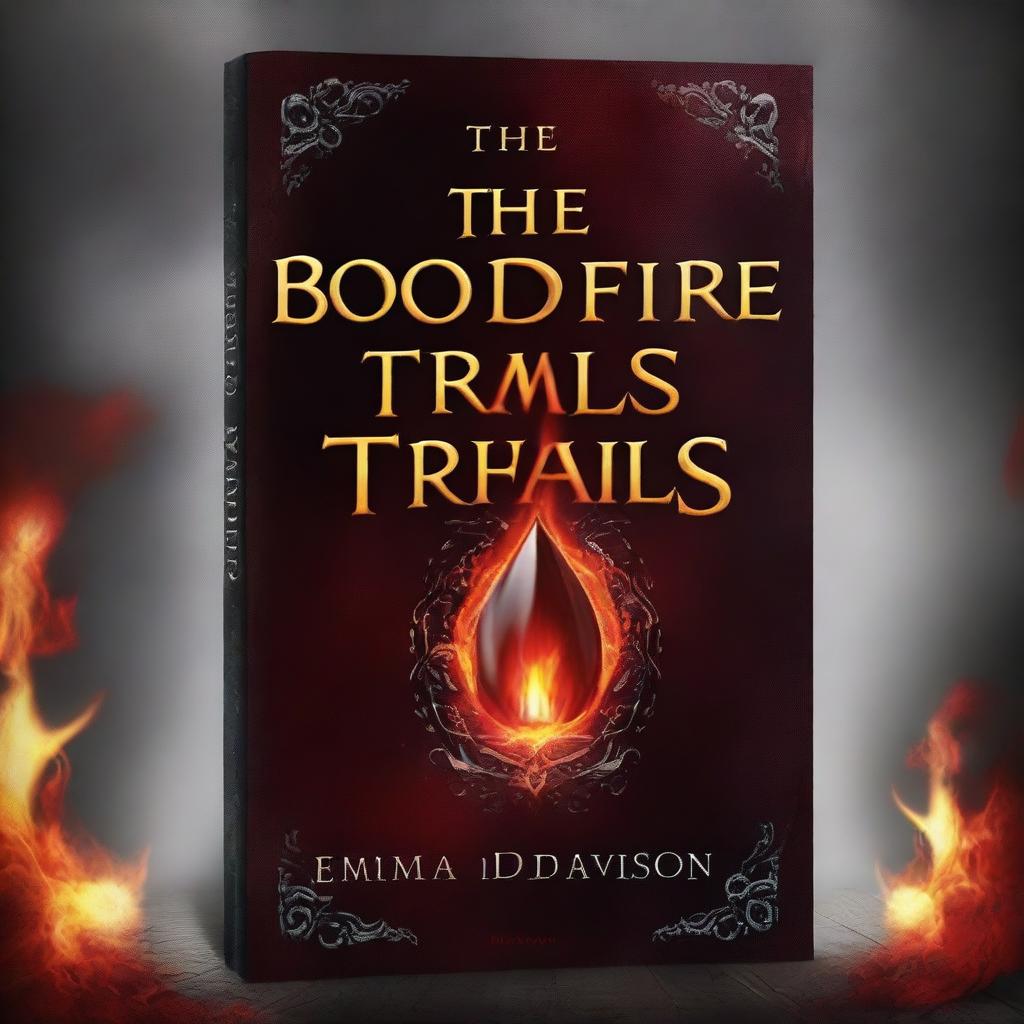 Create a fantasy book cover titled 'The Bloodfire Trials' by Emma Davidson