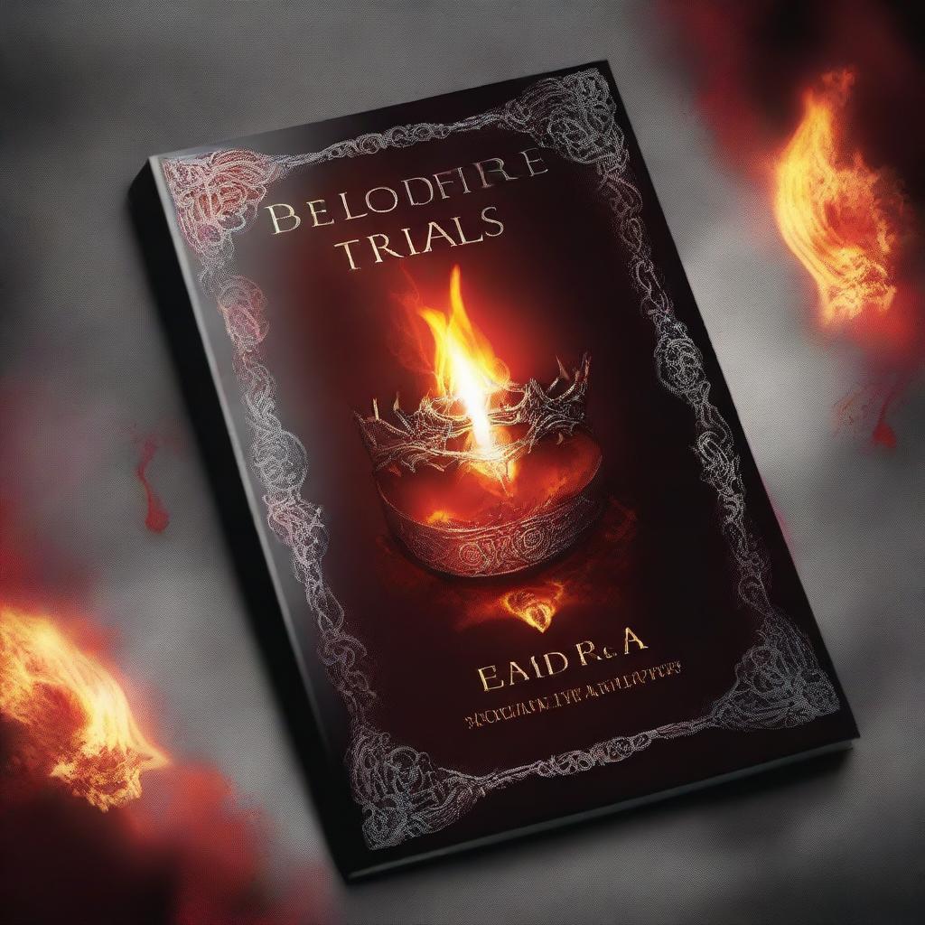 Create a fantasy book cover titled 'The Bloodfire Trials' by Emma Davidson