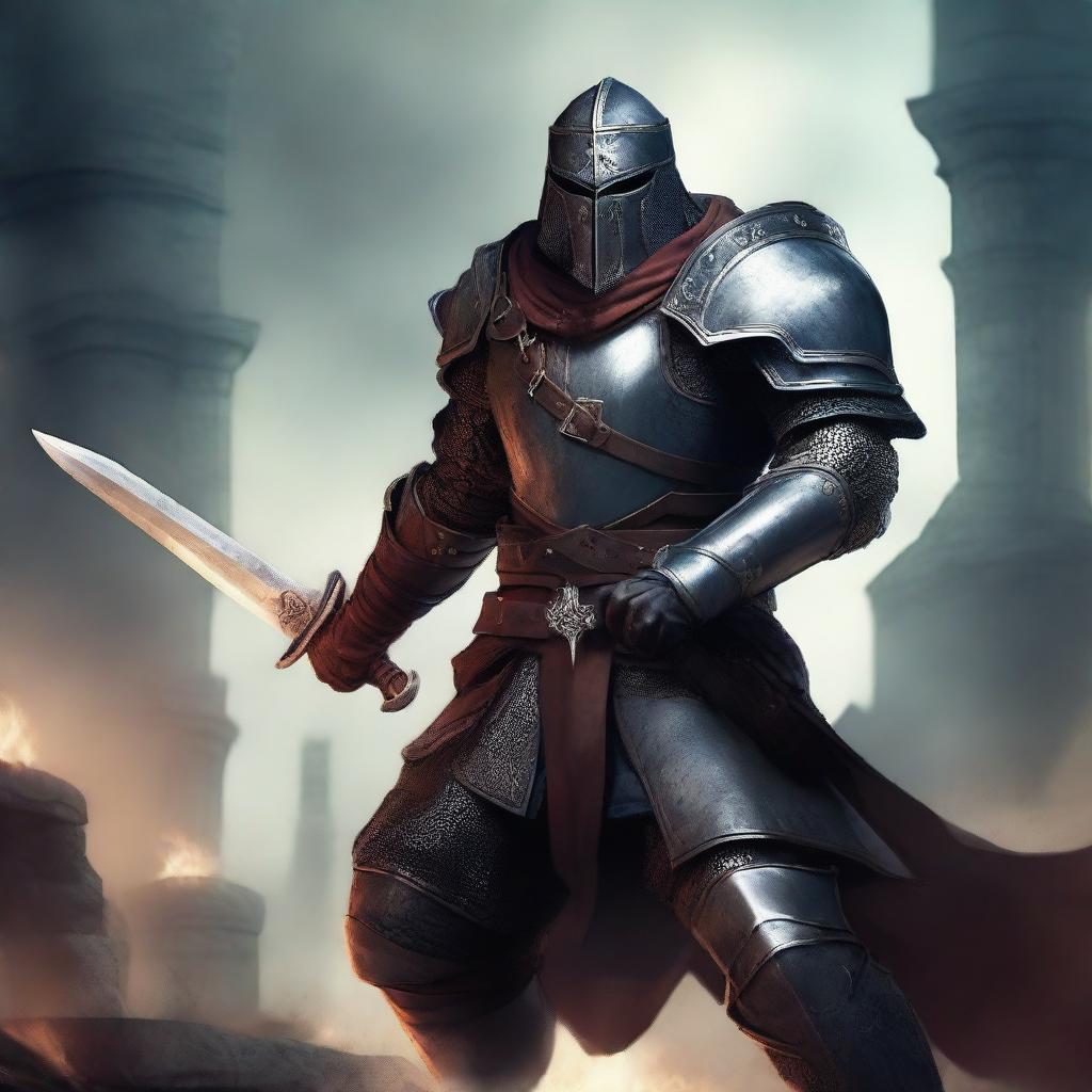 A fierce Dungeons and Dragons style fighter battlemaster, clad in heavy armor and wielding a massive sword