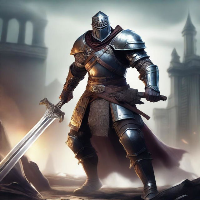 A fierce Dungeons and Dragons style fighter battlemaster, clad in heavy armor and wielding a massive sword