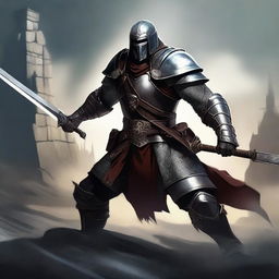 A fierce Dungeons and Dragons style fighter battlemaster, clad in heavy armor and wielding a massive sword