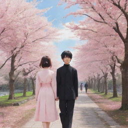 An anime girl and boy in a serene setting, surrounded by cherry blossom trees.