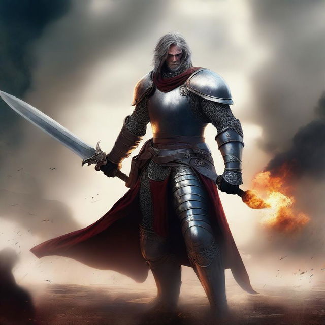 A fierce battle master standing in the middle of a battlefield, wielding a large sword and wearing heavy armor