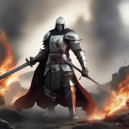 A fierce battle master standing in the middle of a battlefield, wielding a large sword and wearing heavy armor