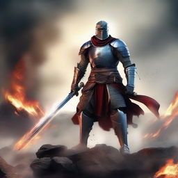 A fierce battle master standing in the middle of a battlefield, wielding a large sword and wearing heavy armor