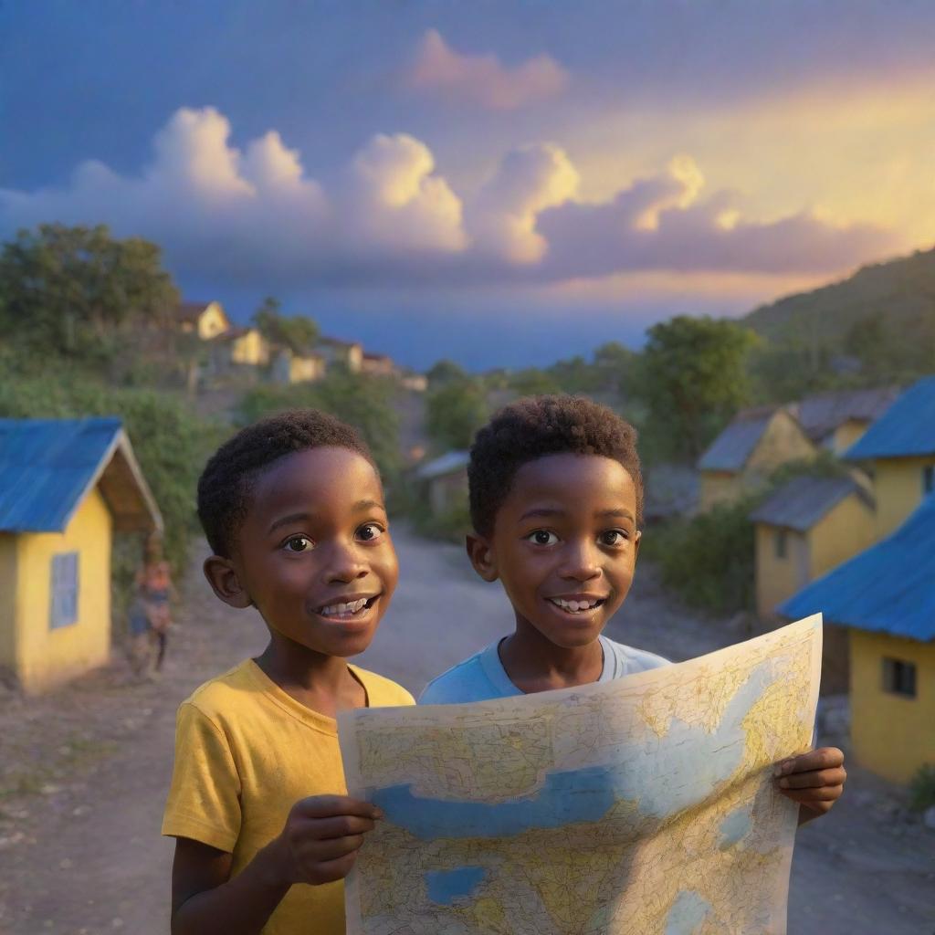 A 3D Pixar-style rendering of a 9-10 year old boy and his friends in a Jamaican village, adventurously exploring with a map, against an evening sky painted in hues of blue and yellow.