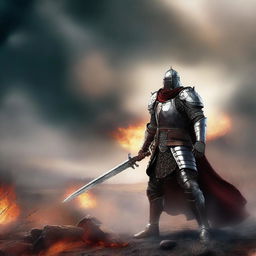 A fierce battle master standing in the middle of a battlefield, wielding a large sword and wearing heavy armor