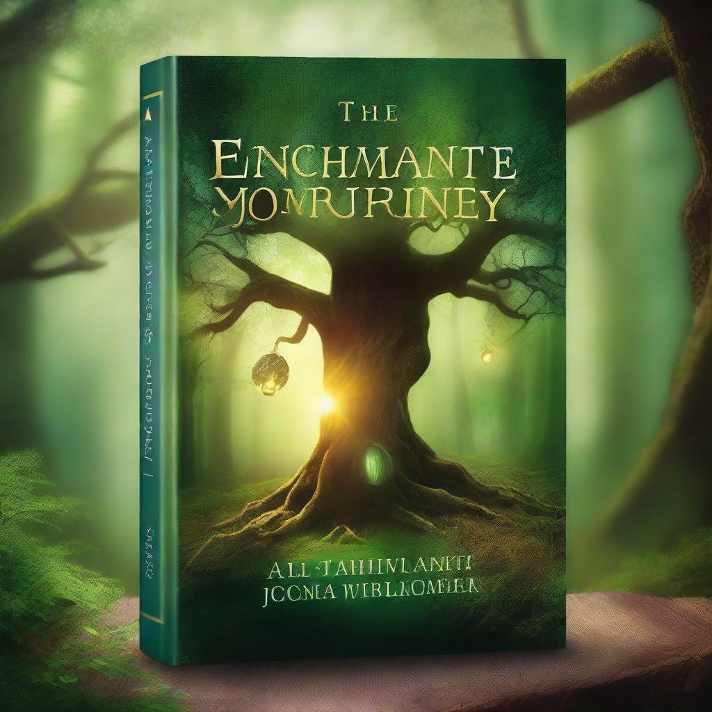 Create a captivating book cover featuring a mystical forest with ancient trees, a hidden pathway, and a glowing light in the distance