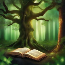 Create a captivating book cover featuring a mystical forest with ancient trees, a hidden pathway, and a glowing light in the distance