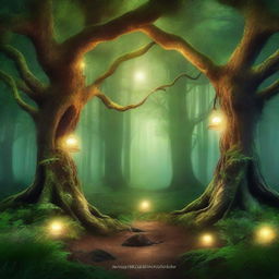 Create a captivating book cover featuring a mystical forest with ancient trees, a hidden pathway, and a glowing light in the distance