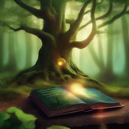 Create a captivating book cover featuring a mystical forest with ancient trees, a hidden pathway, and a glowing light in the distance