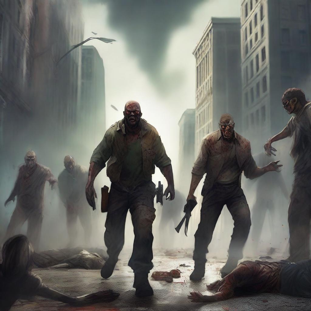 Create an intense scene featuring a group of heroes battling a horde of zombies in a post-apocalyptic city