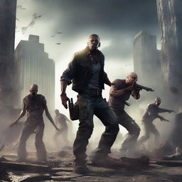 Create an intense scene featuring a group of heroes battling a horde of zombies in a post-apocalyptic city