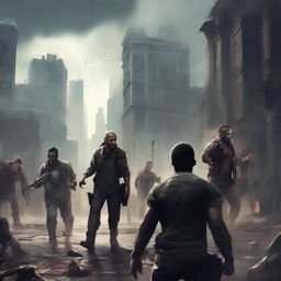 Create an intense scene featuring a group of heroes battling a horde of zombies in a post-apocalyptic city