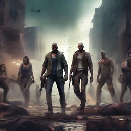 Create an intense scene featuring a group of heroes battling a horde of zombies in a post-apocalyptic city