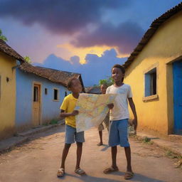 A 3D Pixar-style rendering of a 9-10 year old boy and his friends in a Jamaican village, adventurously exploring with a map, against an evening sky painted in hues of blue and yellow.