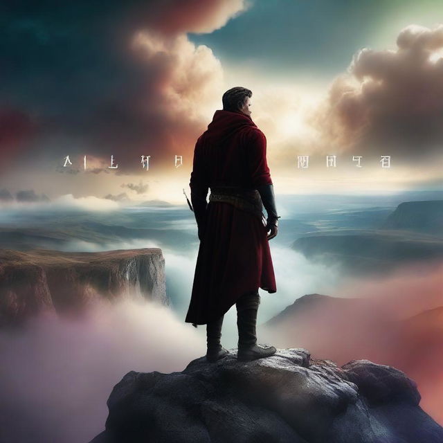 A dramatic movie poster featuring a heroic protagonist standing on a cliff overlooking a vast, mystical landscape