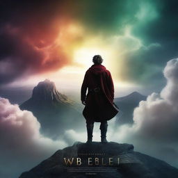 A dramatic movie poster featuring a heroic protagonist standing on a cliff overlooking a vast, mystical landscape