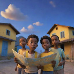 A 3D Pixar-style rendering of a 9-10 year old boy and his friends in a Jamaican village, adventurously exploring with a map, against an evening sky painted in hues of blue and yellow.