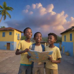 A 3D Pixar-style rendering of a 9-10 year old boy and his friends in a Jamaican village, adventurously exploring with a map, against an evening sky painted in hues of blue and yellow.