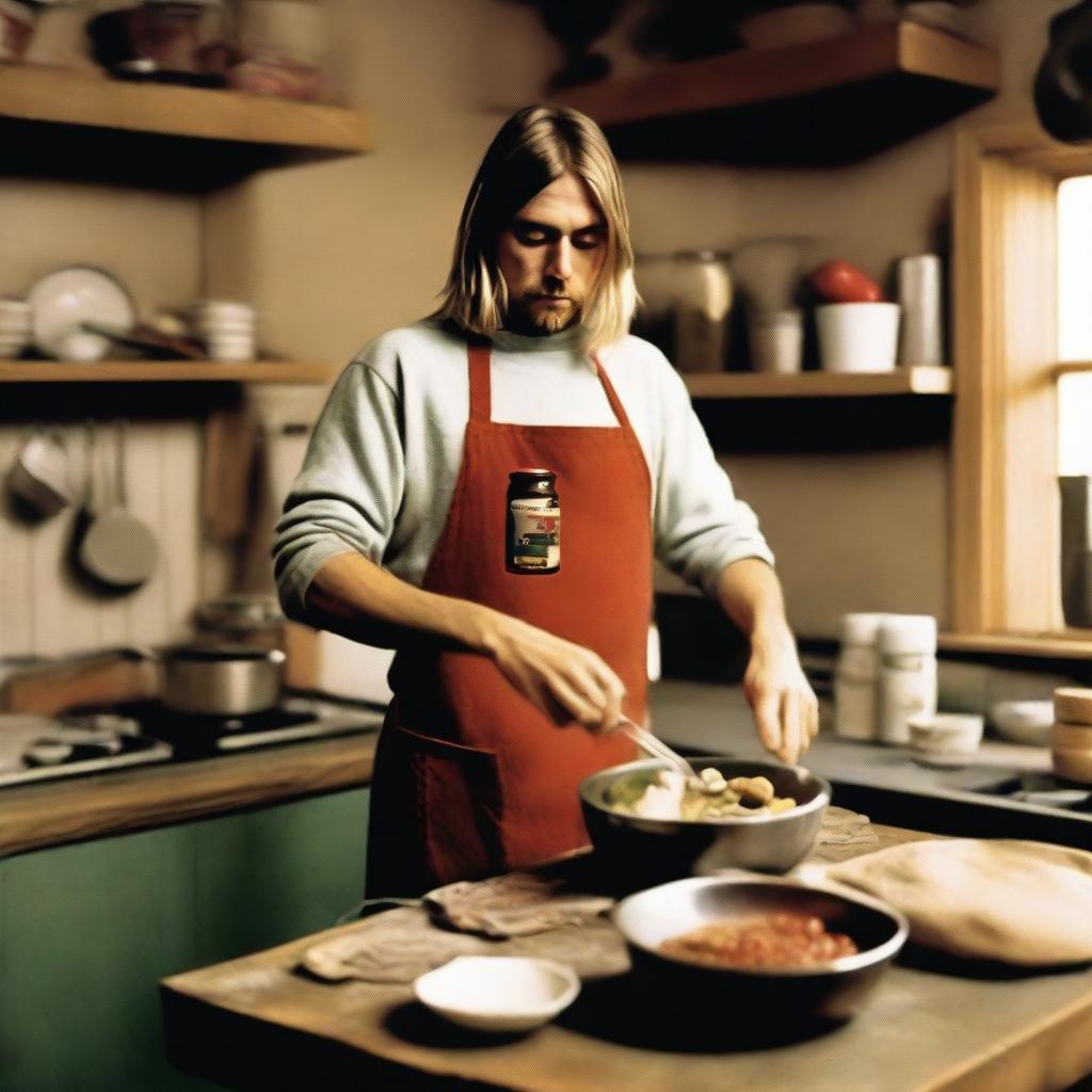 Create a whimsical image of Kurt Cobain cooking in a cozy kitchen, wearing an apron over his iconic grunge attire