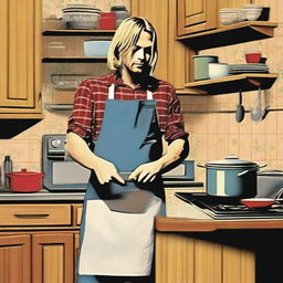 Create a whimsical image of Kurt Cobain cooking in a cozy kitchen, wearing an apron over his iconic grunge attire