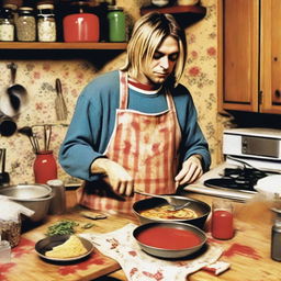 Create a whimsical image of Kurt Cobain cooking in a cozy kitchen, wearing an apron over his iconic grunge attire