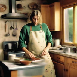 Create a whimsical image of Kurt Cobain cooking in a cozy kitchen, wearing an apron over his iconic grunge attire