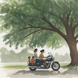 An illustration of a family: a man, a woman, and their child, riding a motorcycle together under the leafy shelter of a large tree.