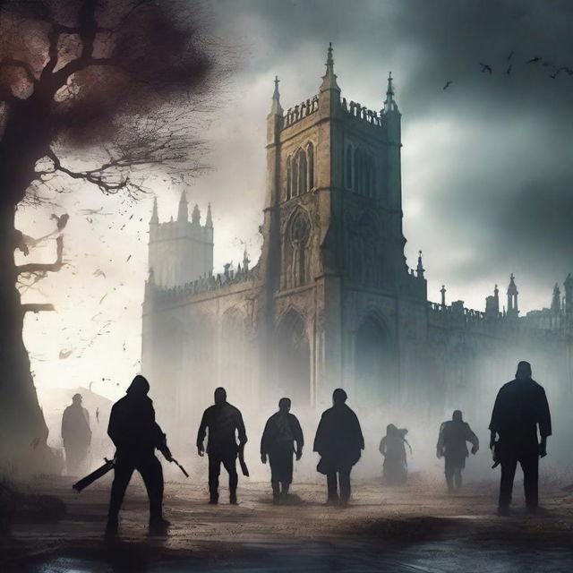 Create a dramatic scene featuring main characters battling zombies in Norfolk, UK