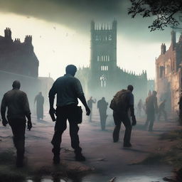 Create a dramatic scene featuring main characters battling zombies in Norfolk, UK