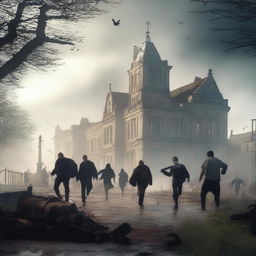 Create a dramatic scene featuring main characters battling zombies in Norfolk, UK