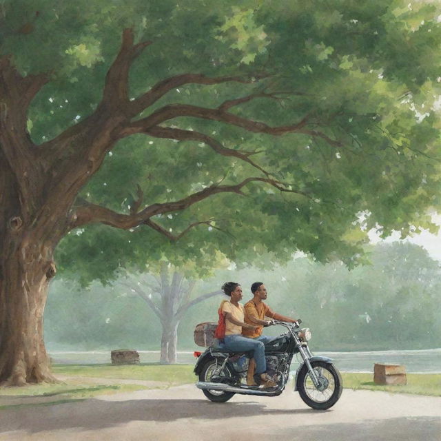 An illustration of a family: a man, a woman, and their child, riding a motorcycle together under the leafy shelter of a large tree.