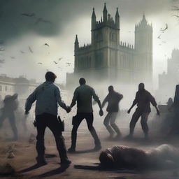 Create a dramatic scene featuring main characters battling zombies in Norfolk, UK