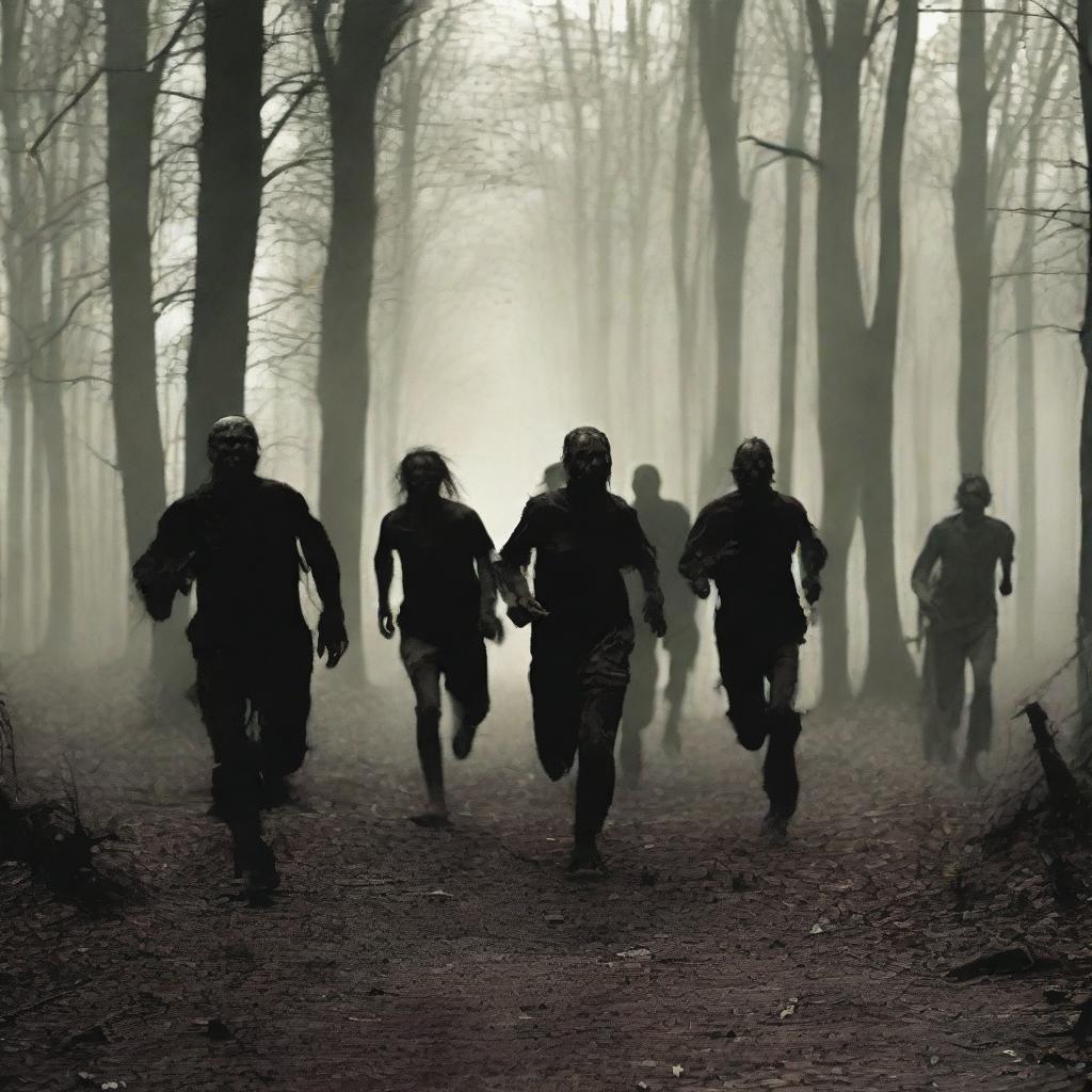 Create an intense scene of zombies running through Thetford Forest, capturing the dense, dark woods with tall trees and thick underbrush