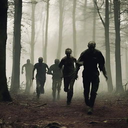 Create an intense scene of zombies running through Thetford Forest, capturing the dense, dark woods with tall trees and thick underbrush