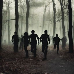 Create an intense scene of zombies running through Thetford Forest, capturing the dense, dark woods with tall trees and thick underbrush