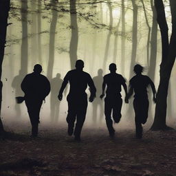 Create an intense scene of zombies running through Thetford Forest, capturing the dense, dark woods with tall trees and thick underbrush