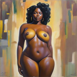 A polished oil-based painting featuring a full front body view of a sexy, thick Black woman with an oiled body