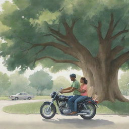 An illustration of a family: a man, a woman, and their child, riding a motorcycle together under the leafy shelter of a large tree.