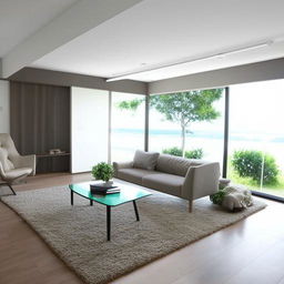 A modern living room interior, with contemporary furniture, wide open space, and sleek decor.