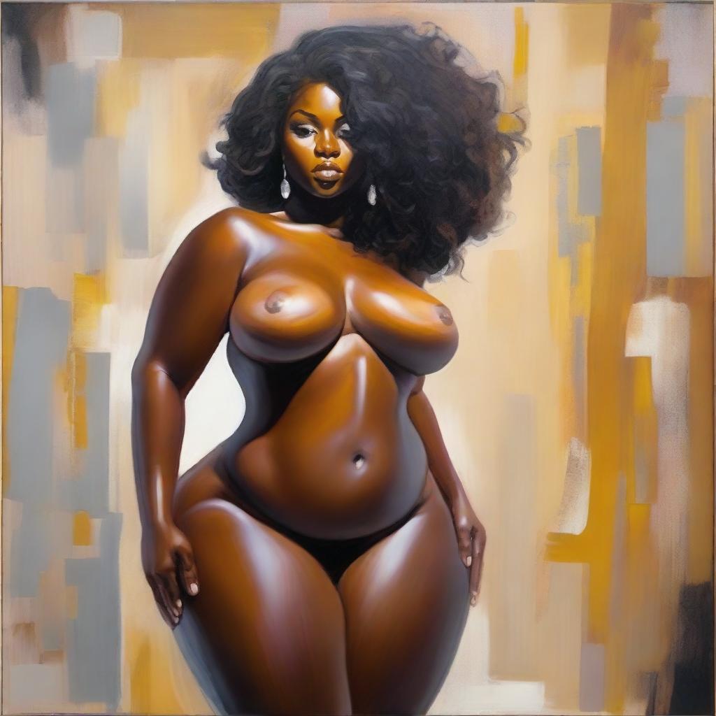 A polished oil-based painting featuring a full front body view of a sexy, thick Black woman with an oiled body