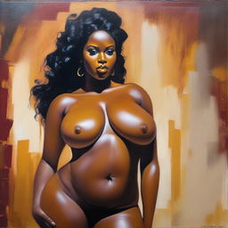 A polished oil-based painting featuring a full front body view of a sexy, thick Black woman with an oiled body