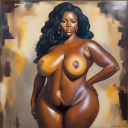 A polished oil-based painting featuring a full front body view of a sexy, thick Black woman with an oiled body